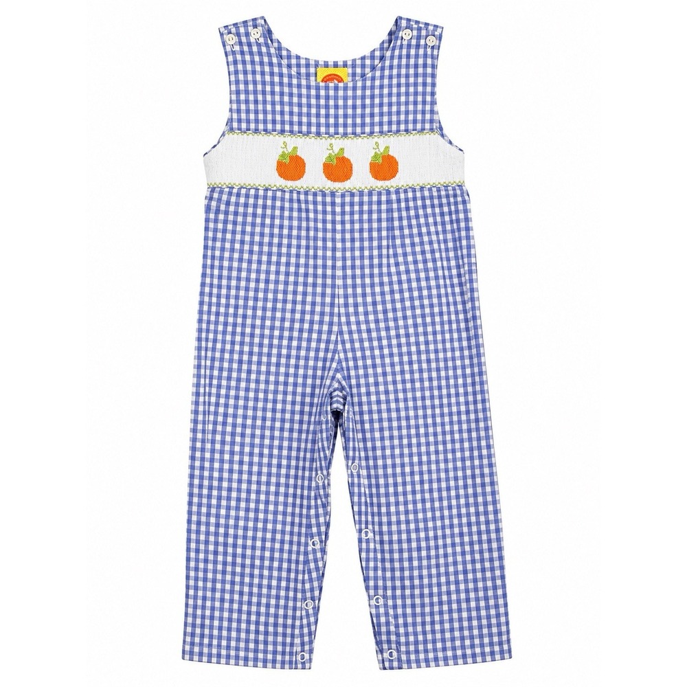 Toddler Boys Longall Overalls Size 2 Blue Gingham Smocked Pumpkin Fall Preppy